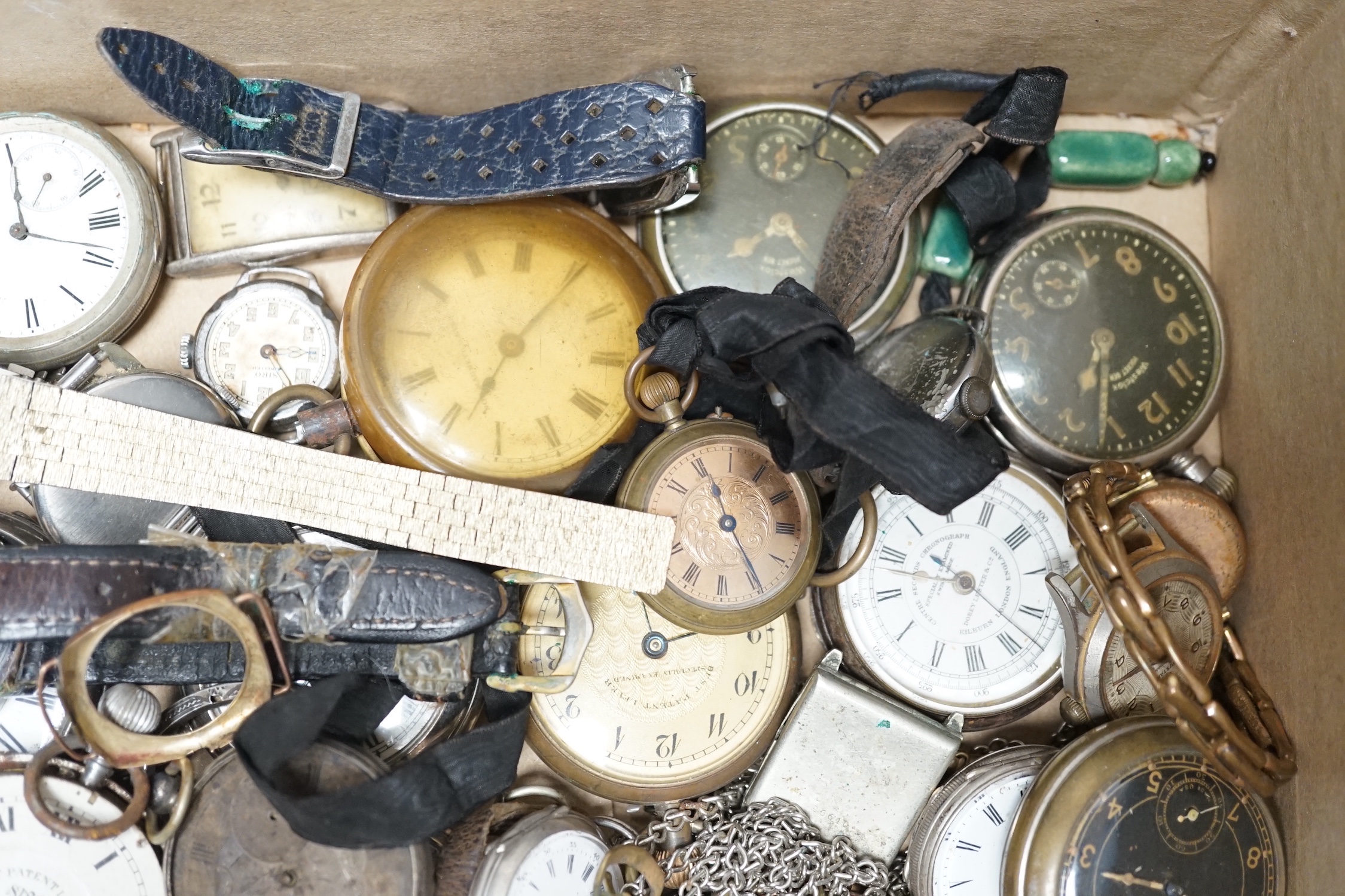 A collection of assorted wrist and pocket watches, mostly a.f. including an 18k Swiss chronograph wrist watch.